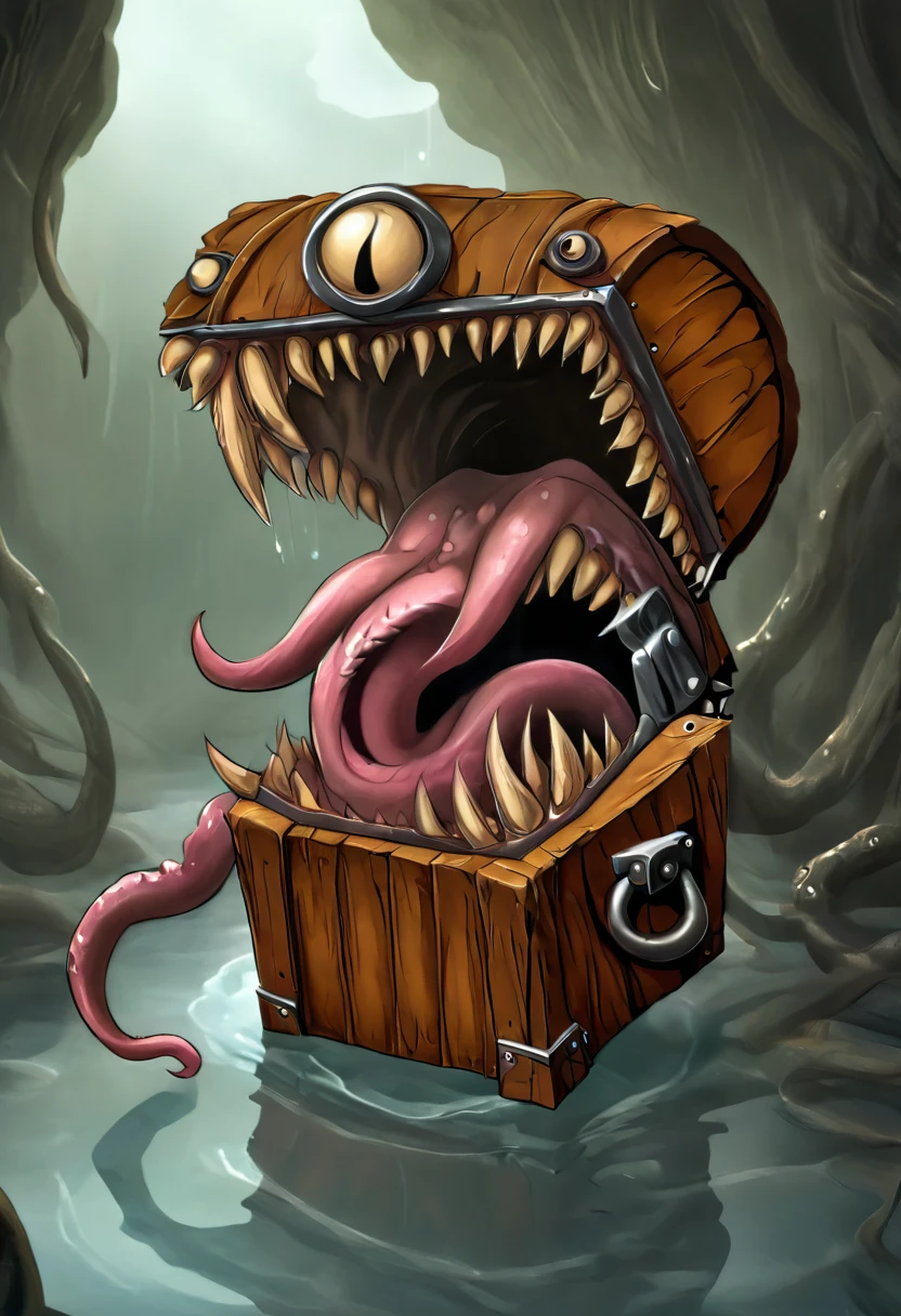 A detailed steampunk-inspired illustration of a creature imitating a ((open iron chest well-formed maw, sharp teeth, long tongue made of wood and leather, in a dark, dank cave, with dripping water and tentacles:1.5)), (best quality, 4k, 8K, high resolution, masterpiece: 1.2), ultra detailed, Sharp focus: 1.4, (realistic, photorealistic, photo-realistic: 1.37), (masterpiece: 1.3), (best quality: 1.2) , (high quality: 1.1), (photorealistic: 1.37), (extremely detailed: 1.2), (cinematic lighting: 1.2), (dramatic shadows: 1.2), (muted colors: 1.1 ), ,intense lighting,dramatic lighting,changing lighting,cinematic lighting,chiaroscuro lighting,Dramatic shadows,dramatic moments,vivid colors,intense colors,Deep contrast,cinematic depth of field,cinematic composition,angle
cinematographic camera