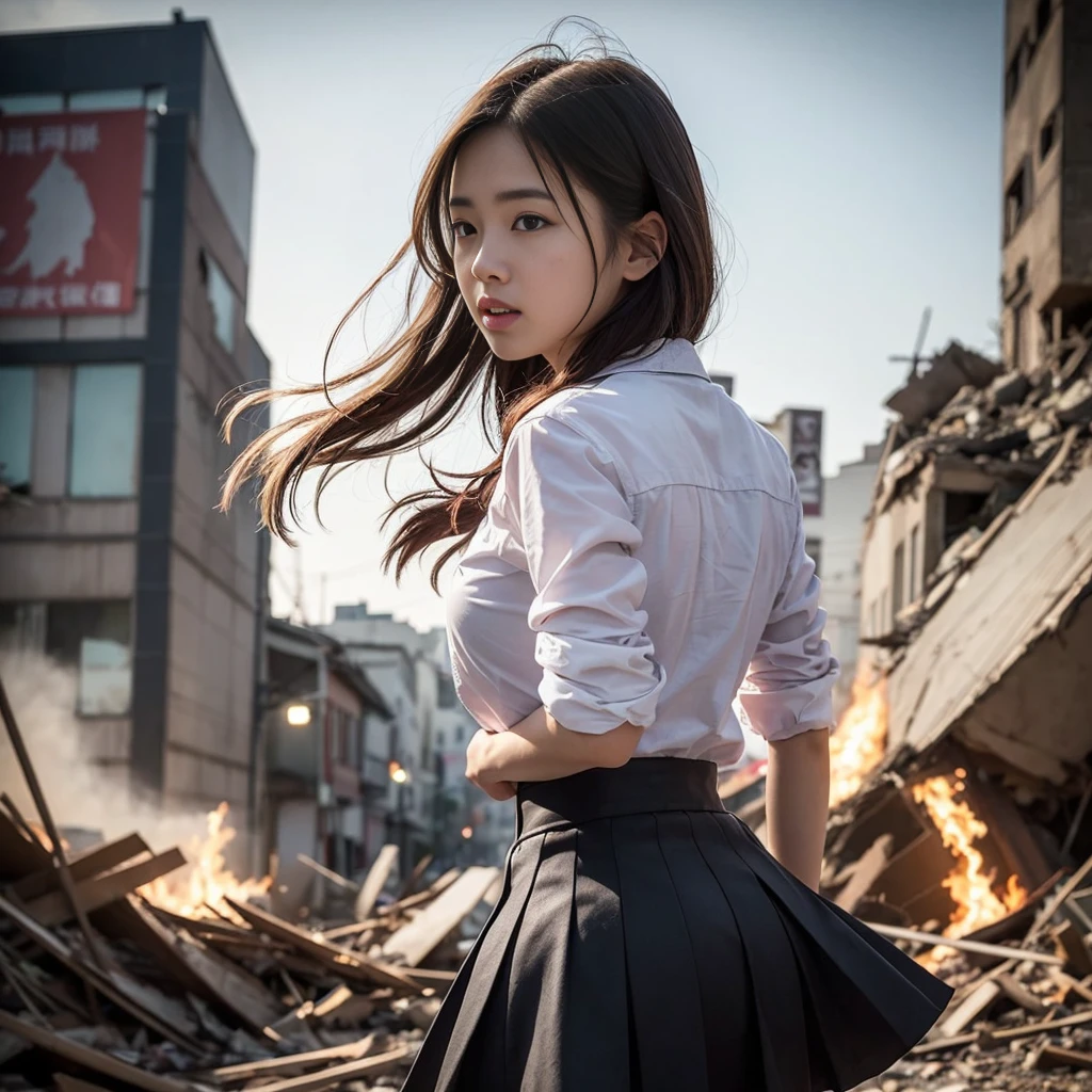 (in 8K、RAW Photos、premium quality、masterpiece:1.2)、(realisitic、Photorealistic:1.37)、ultra detailed、超A high resolution、Monster movie heroine、Beautiful 14-year-old high school student in Japan and united state desperately fleeing a giant monster in devastated Tokyo、School uniforms、disheveled hair、torn white shirt、Dirty shirt、torn pink skirt、Running through the rubble、crumbling building、burning flame、White-skinned、slippery skin 、Incredibly beautiful face、dynamic looseness、dynamic lighting