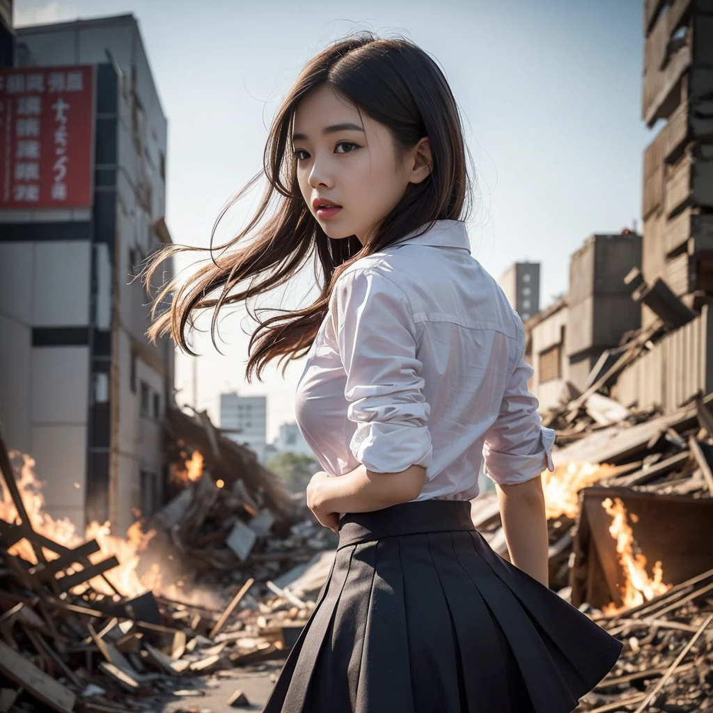 (in 8K、RAW Photos、premium quality、masterpiece:1.2)、(realisitic、Photorealistic:1.37)、ultra detailed、超A high resolution、Monster movie heroine、Beautiful 14-year-old high school student in Japan and united state desperately fleeing a giant monster in devastated Tokyo、School uniforms、disheveled hair、torn white shirt、Dirty shirt、torn pink skirt、Running through the rubble、crumbling building、burning flame、White-skinned、slippery skin 、Incredibly beautiful face、dynamic looseness、dynamic lighting