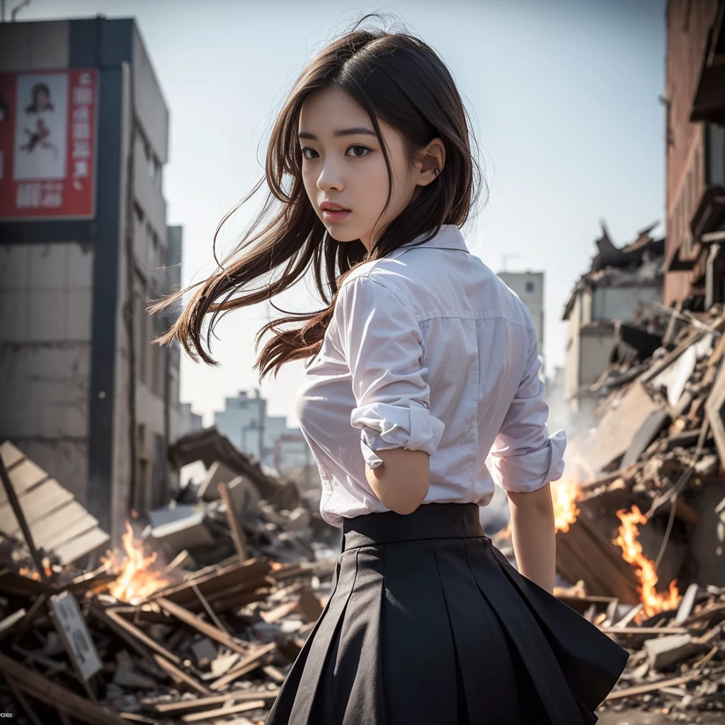 (in 8K、RAW Photos、premium quality、masterpiece:1.2)、(realisitic、Photorealistic:1.37)、ultra detailed、超A high resolution、Monster movie heroine、Beautiful 14-year-old high school student in Japan and united state desperately fleeing a giant monster in devastated Tokyo、School uniforms、disheveled hair、torn white shirt、Dirty shirt、torn pink skirt、Running through the rubble、crumbling building、burning flame、White-skinned、slippery skin 、Incredibly beautiful face、dynamic looseness、dynamic lighting