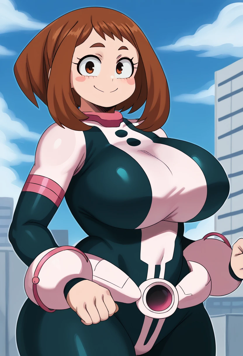 best quality, masterpiece, uraraka_ochako, boku no hero academia 1girl, thick eyebrows blush_stickers, brown hair, brown eyes, short hair, sideburns, big breasts, huge breasts, smile skindantation :D blush condom on nipples extremely detailed, more detailed, bodtsuit, gloves, bare legs, thin waist, big hips, thick thighs, sexy body, milf, white skin,
