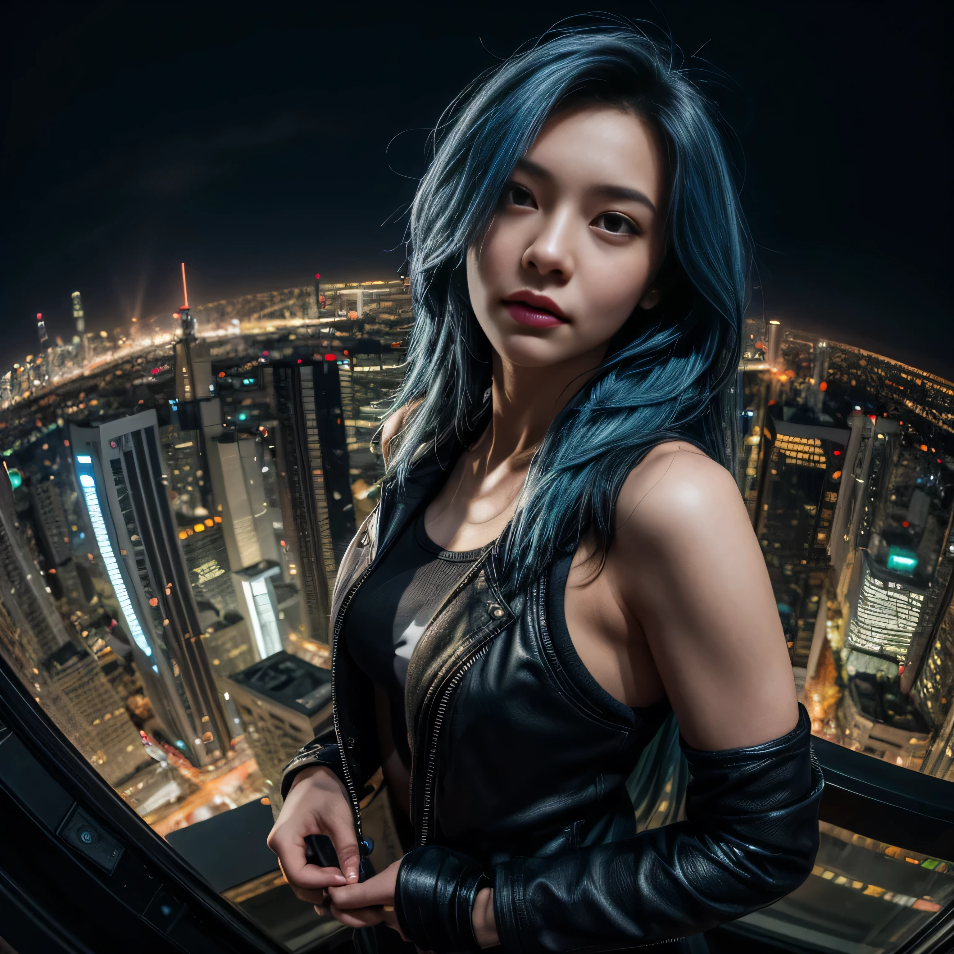 (masterpiece), best quality, ultra high res,, cyberpunk 1girl flying above stunning cityscape ,hoodie,blue hair,  neon color shooting stars, very long hair, off shoulder, feather hair ornament, neon colors, flashes, stunning night sky, cinematic lighting, photorealistic, realistic skin, HDR,fisheye