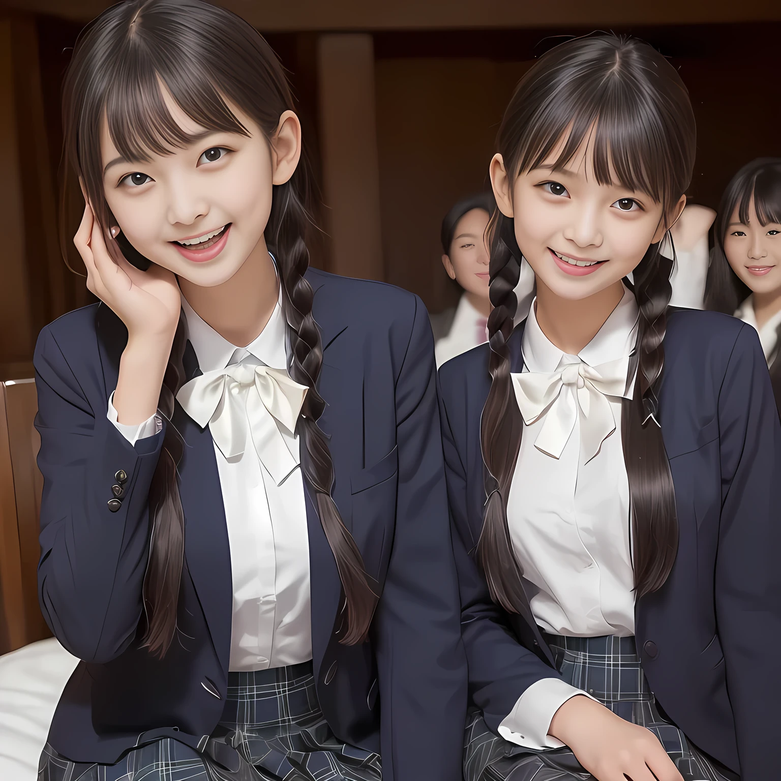 (highest quality, masterpiece:1.2), highest quality, High resolution, 1080P, 8K, Height: 158cm, ((Like a beautiful girl in my dreams、A very intelligent, very noble, pretty and neat Japanese beautiful girl fashion model.１If a person is、With the best smile、Looking at the audience、Hands over their mouths, Realistic fashion model photos)), A face that everyone loves, ((((A plump, white, round face)))),(((Plump Cheeks))), Glossy lips, (Evenly cut bangs), ((Very beautiful dark eyes)), The very large red shiny wide ribbon bowtie is very cute., ((Black Hair)), ((long twin braids)), (((A long, neat, dark navy blue checked pleated skirt))), (((Dark blue winter long sleeve blazer))), How to wear a neat uniform, Very lustrous, glossy lips, Open hand over open mouth, Ribbon in hair, slender, The ribbon is big and very pretty., Beautiful hair like a hair model, Long skirt, Watching the viewer and laughing, ((Incredibly beautiful face)), ((Pure and clear eyes)), ((laughing at me!))