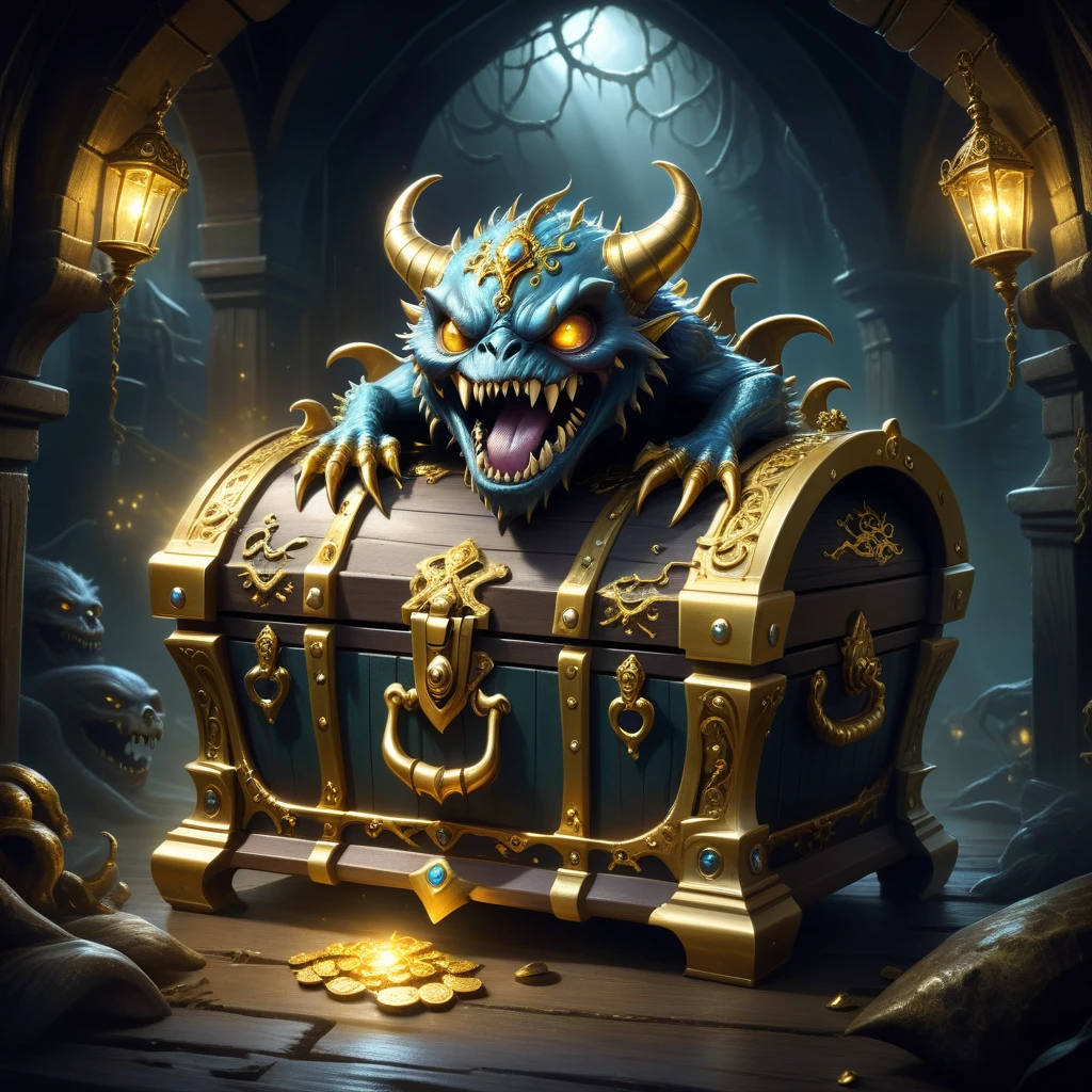 Monster disguised as a treasure chest, Very detailed, Complex design, Gorgeous gold embellishment, Shining Magic Aura, sharp claws and teeth, Ominous Presence, fantasy, Dark gloomy lights, Composition, Dramatic shadows, Rich colors, number, Concept Art, The award-winning