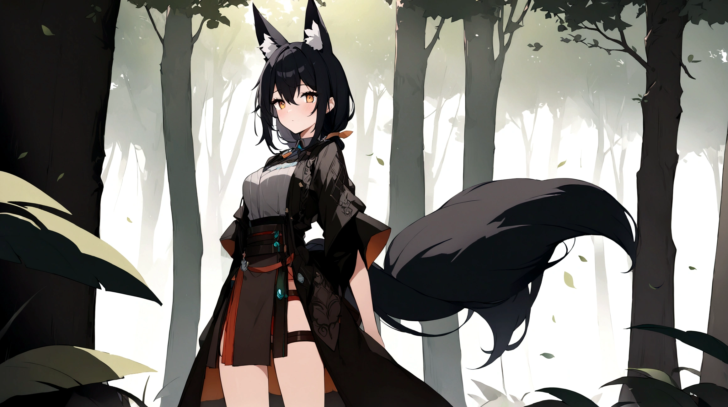 (1girl, Masterpiece, best quality) (detailed and beautiful eyes:1.6) (perfect hands, perfect anatomy) ((full body)) ((Adult)) fox-girl Misaki has short, black hair styled in a slightly tousled manner and her fox ears are perked up attentively. (She wears a long, black leather coat and cloak adorned with intricate designs.) Her outfit includes a high-collared adventurer dress with red accents and leather straps, emphasizing a combination of elegance and practicality. Misaki's orange eyes exude a sense of mystery and confidence. In the background, tall trees with soft, dappled light filtering through the leaves create a serene yet enigmatic atmosphere.