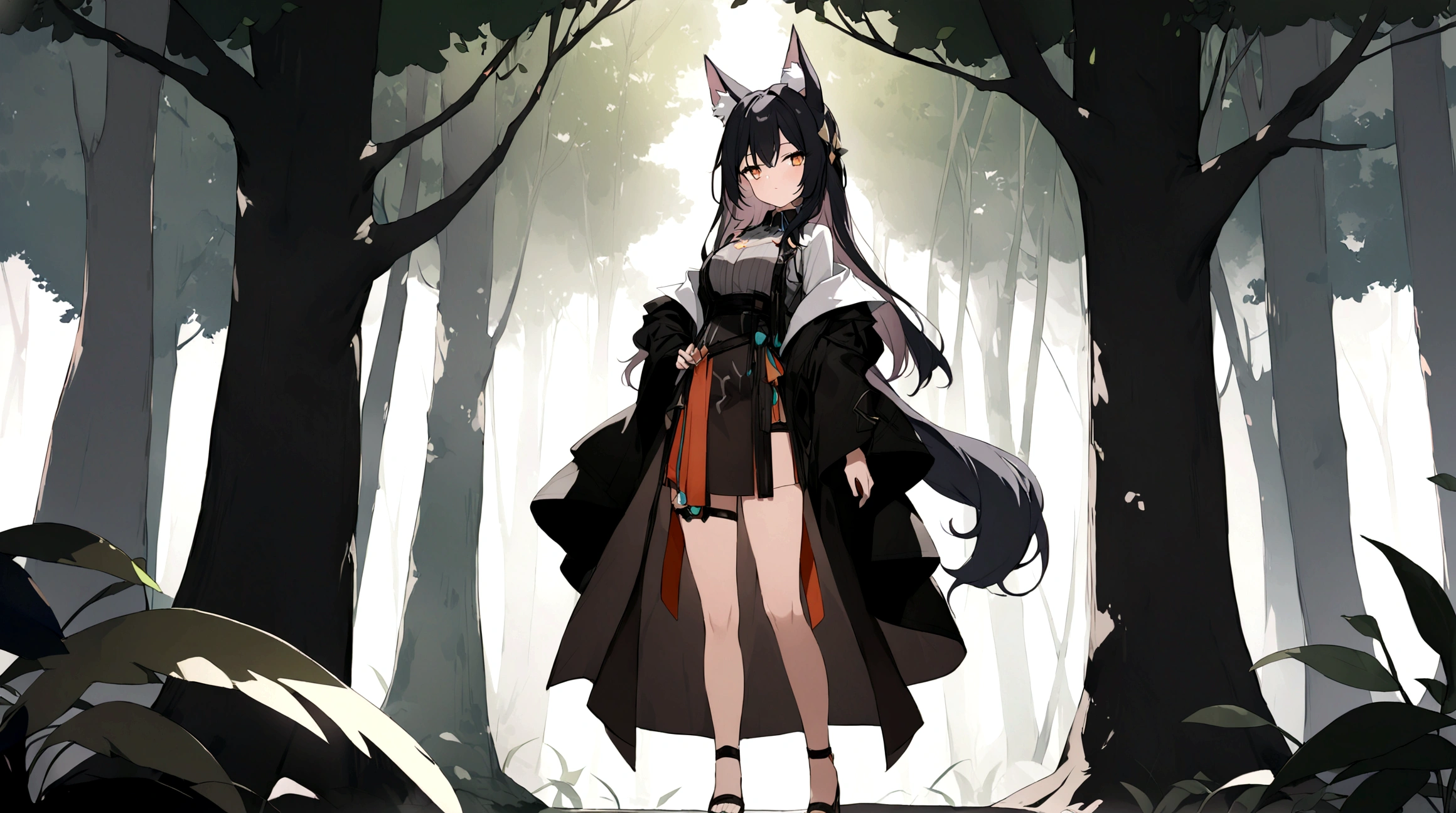 (1girl, Masterpiece, best quality) (detailed and beautiful eyes:1.6) (perfect hands, perfect anatomy) ((full body)) ((Adult)) fox-girl Misaki has short, black hair styled in a slightly tousled manner and her fox ears are perked up attentively. (She wears a long, black leather coat and cloak adorned with intricate designs.) Her outfit includes a high-collared adventurer dress with red accents and leather straps, emphasizing a combination of elegance and practicality. Misaki's orange eyes exude a sense of mystery and confidence. In the background, tall trees with soft, dappled light filtering through the leaves create a serene yet enigmatic atmosphere.

