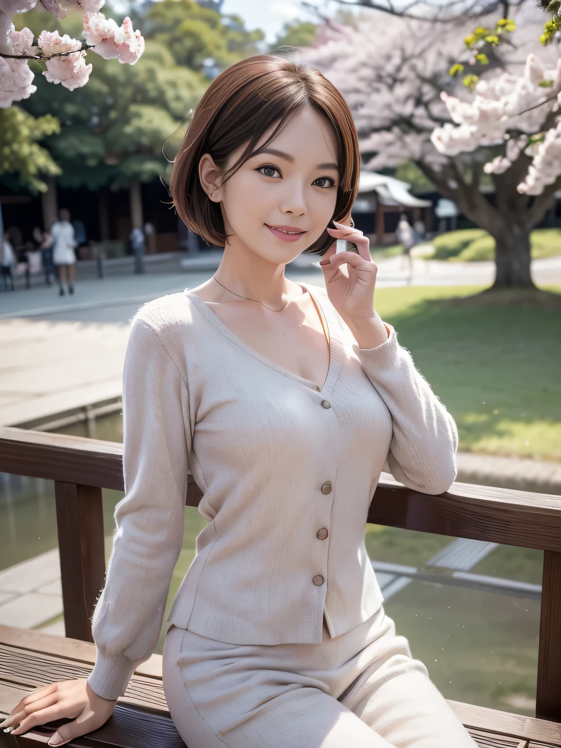 50-year-old women,Retro Photography, 1960s , AGFA, Kodak, One girl,  Lookwg_w_Audience,  smile,  Japan, Tokyo, Cherry Blossom,  Octane Renderwg,  一人w, Very skwny,V-neck suit