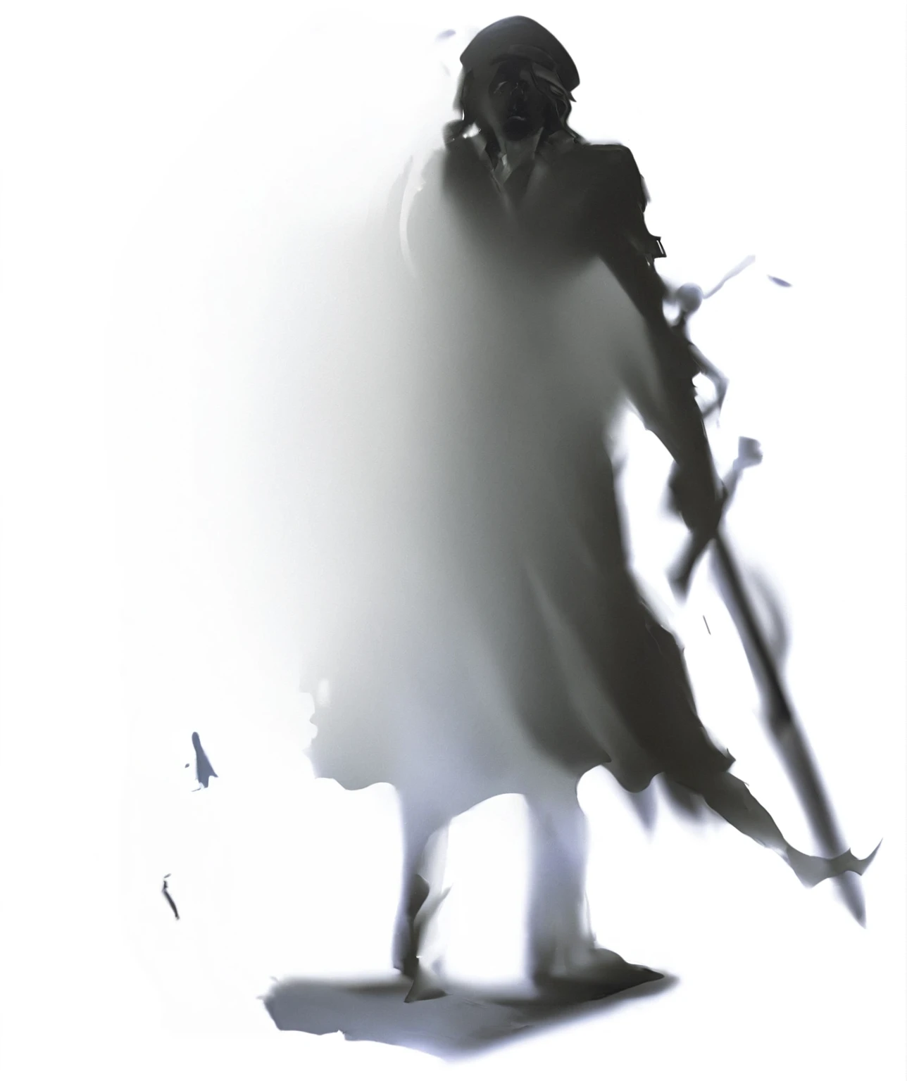 there is a black and white photo of a man in a suit and hat, ghostly form, ghostly figure, shrouded figure, shadowy and eerie character, eerie person, eerie person silhouette, ghostly ghost, floating ghost, nick knight, distant full body view, mysterious figure, irridescent ghostly, zoomed out full body, transparent ghost screaming, facing front
