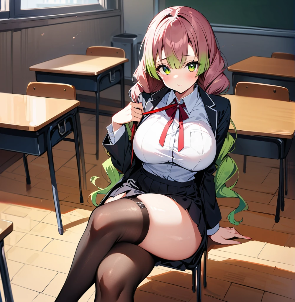 Mitsuri kanroji,sitting on desk, sitting on desk,fullbody,crossed legs, large breasts,hold leash in hand, looking at viewer,mockng view,high res,high quality, masterpiece ,black tight black skirt, white shirt, black jacket,black heels, black stockings , classroom,sfw
