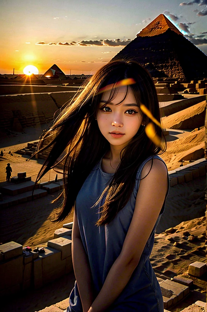 beautiful girl, Egyptian pyramids on the background, sunset