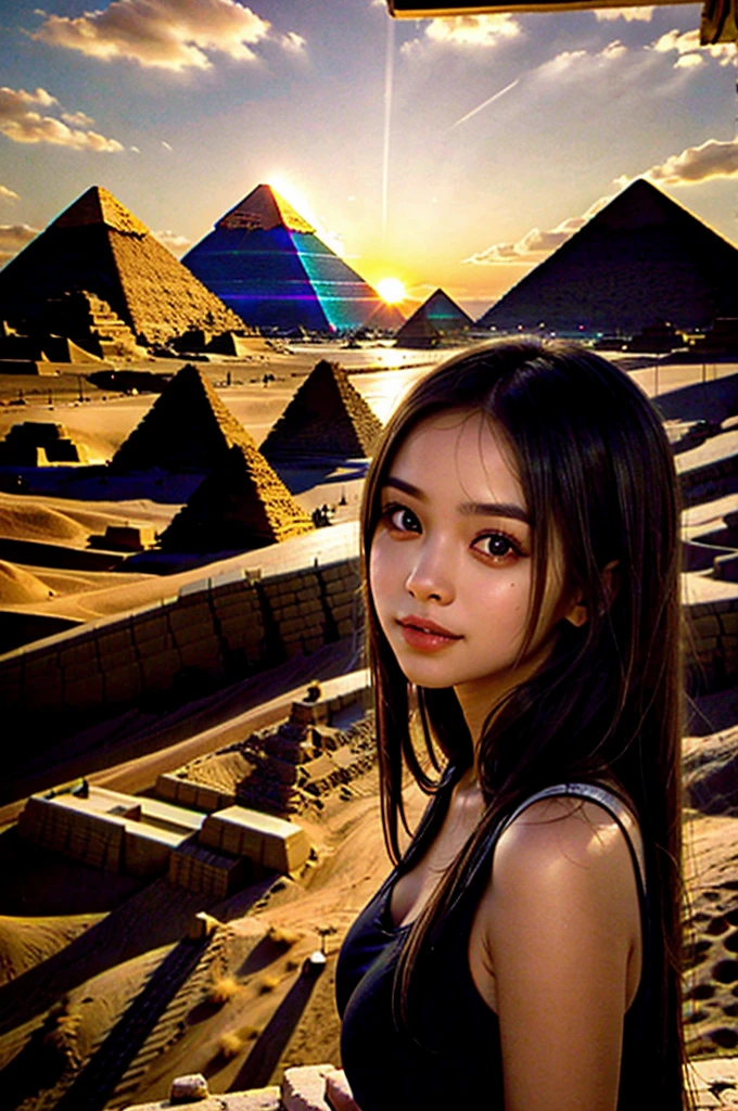 beautiful girl, Egyptian pyramids on the background, sunset
