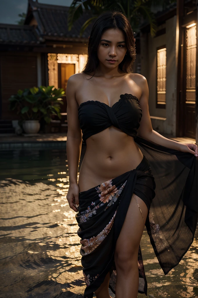 flowers, sunset, in the dark, dark theme, masterpiece, official art, best quality, ray tracing, volumetric light, realistic, photorealistic, ultra high resolution, clear, woman, sarong, tightly, thai sarong