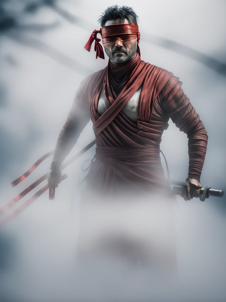 "Create a highly detailed digital painting of Kenshi from Mortal Kombat. Kenshi is standing in a dynamic fighting pose, his red headband flowing in the wind. His iconic katana is unsheathed and glowing with a mystical blue energy. The background is a dark, mystical forest with fog and eerie blue lights illuminating the scene. Kenshi's blindfolded eyes and determined expression should reflect his intense focus and warrior spirit."