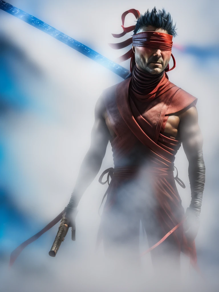 "Create a highly detailed digital painting of Kenshi from Mortal Kombat. Kenshi is standing in a dynamic fighting pose, his red headband flowing in the wind. His iconic katana is unsheathed and glowing with a mystical blue energy. The background is a dark, mystical forest with fog and eerie blue lights illuminating the scene. Kenshi's blindfolded eyes and determined expression should reflect his intense focus and warrior spirit."