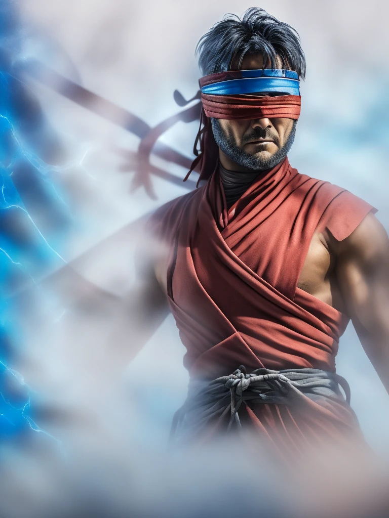 "Create a highly detailed digital painting of Kenshi from Mortal Kombat. Kenshi is standing in a dynamic fighting pose, his red headband flowing in the wind. His iconic katana is unsheathed and glowing with a mystical blue energy. The background is a dark, mystical forest with fog and eerie blue lights illuminating the scene. Kenshi's blindfolded eyes and determined expression should reflect his intense focus and warrior spirit."