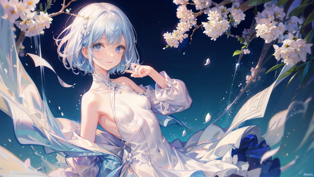 1 Girl，(white) short hair，blue eyes，， So cute，(Introverted and cute)，((Small breasts))，happy，Flowers