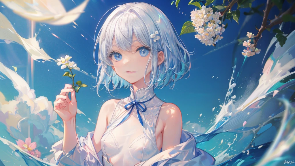 1 Girl，(white) short hair，blue eyes，， So cute，(Introverted and cute)，((Small breasts))，happy，Flowers
