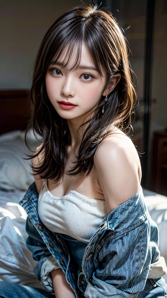 1 girl，21 years old, sitting on bed，Bright backlight, alone, {Beautiful eyes details 1.3）（round eyes：1.5） , Highly detailed facial and skin textures, Natural and soft light, dark brown hair，natural drape, Exquisite facial features, blunt bangs, beautiful korean girl, eyes full of love, (She wears a delicate white tube top:1.3),  (She is wearing a short denim jacket、Extra-short jeans:1.3)、Small man's waist、E杯、Deep V cleavage，film grain，a sexy pose，masterpiece, best quality, light, Super detailed,, ultra high resolution, 8k wallpaper, Perfect dynamic composition, Exquisite facial features，It's a perfect face,Facing the peak of sexual arousal, looking at the audience, smile very happily，hair natural，Fragrant shoulders，clavicle，Ultimate light and shadow，Wear delicate earrings，have，(Skin texture is extremely delicate1.1), (Perfect details: 1.1),Looks a lot like actor Zhang Xinyu