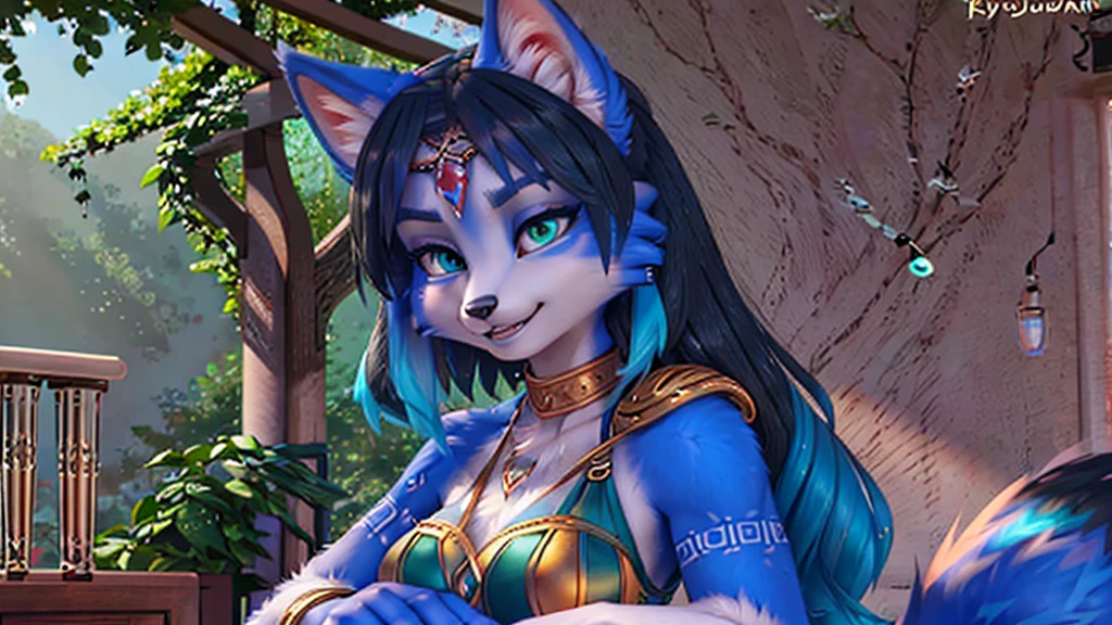 A beautiful and detailed (sweet portrait) wa ((Krystal)), Star Fox Krystal, sslim, lovable, green eyes, medium breasts, (((Long blue hair 1.3))),  ((black hair tips)), Decollete, grin, look up,, anthro, furry, Uploaded E621, detailed fluffy fur, (wa Fluff-Kevlar, Bayard Wu, Personalami, Pino Daeni), detailed face, (fluffy), 1 girl, alone, sweet girl, solo, wearing a fantasy dress
