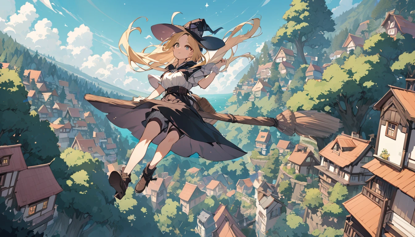 (Highest quality), Woman flying in the air astride a broom,witch,Blonde,Below you can see houses, forests, and the sea.