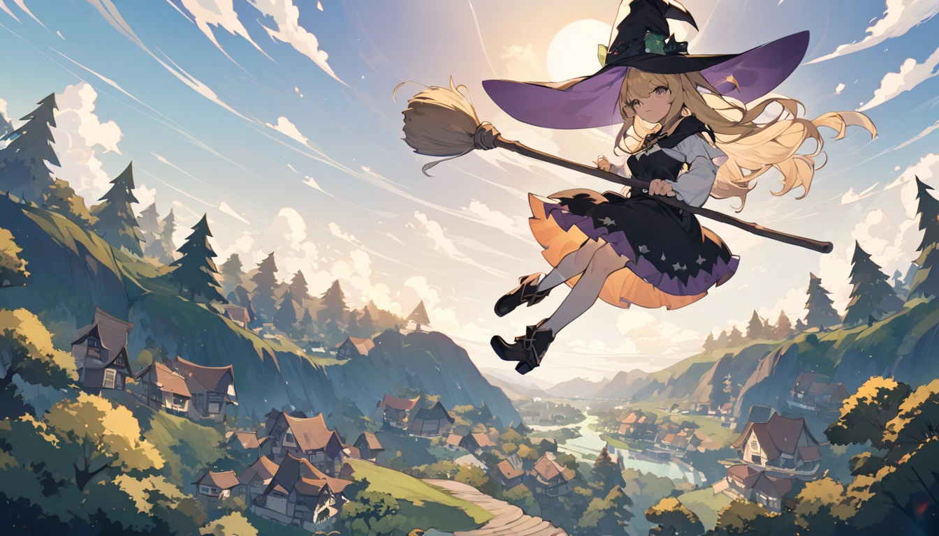 Woman flying in the air astride a broom,witch,Blonde,Below you can see houses, forests, and the sea.