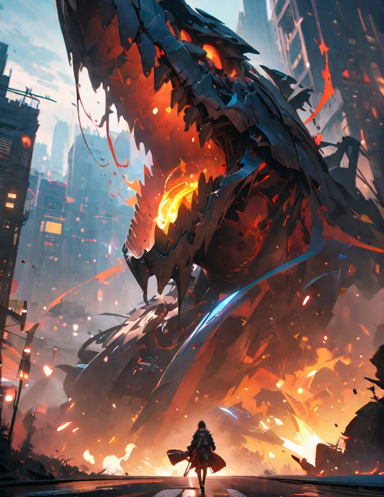 quality(8k wallpaper of extremely detailed CG unit, ​masterpiece, hight resolution, top-quality, top-quality ,hyper realisitic, digitial painting,increase the resolution,RAW photos，best qualtiy,highly detailed,the wallpaper),BREAK,8K, Gigantic skeleton walking, night city, cityscape, 