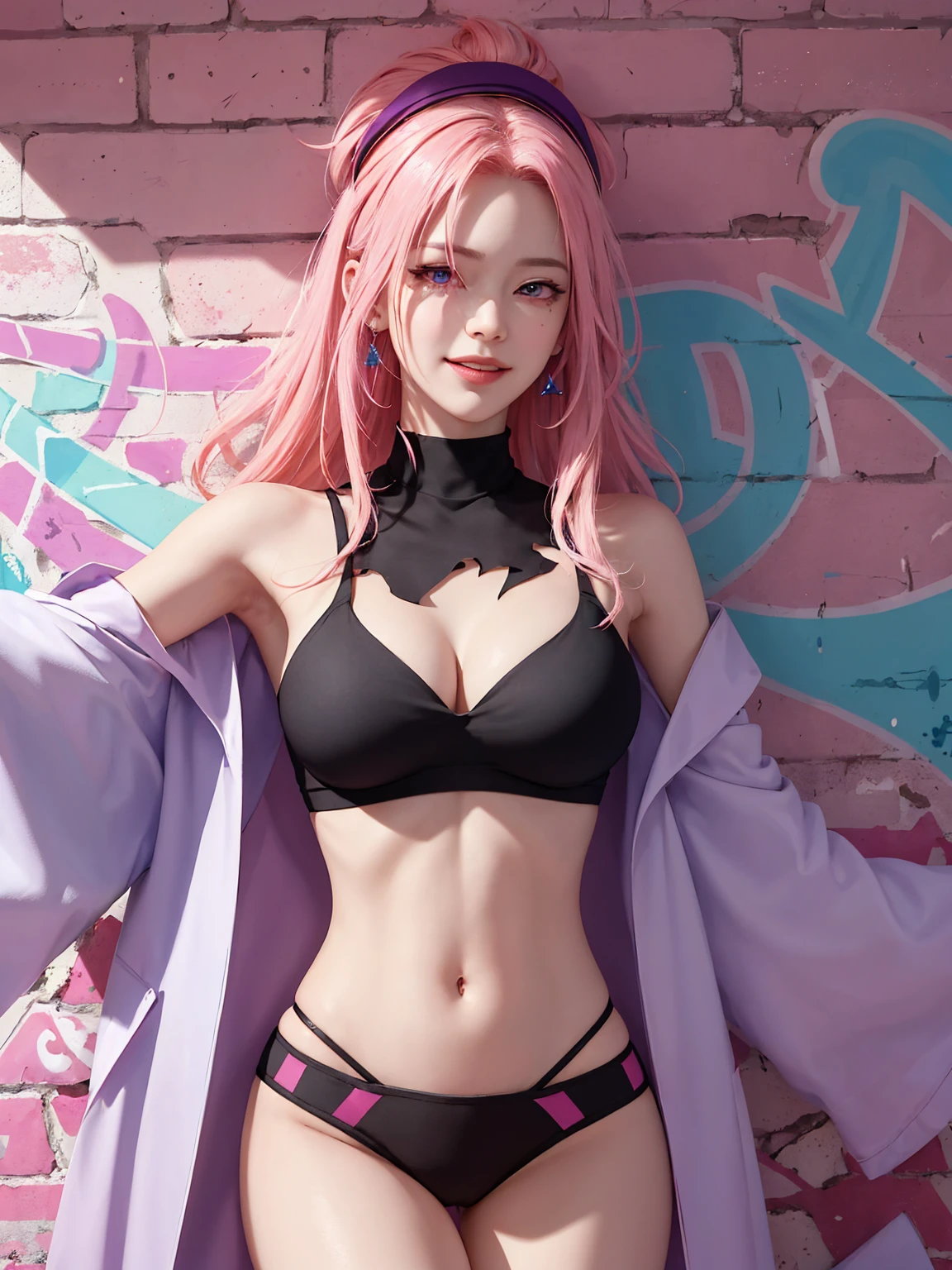 (Masterpiece, best quality, 1 girl, alone, complicated details, Chromatic aberration), realistic, ((Moderate breath)),long hair, pink hair, Red headpiece, Pink Highlights, hair on one eye,purple eyes, earring, sharp eyes, choker, Neon coat, She wears a collar, bangle, and kimono style garters., crop top, (symmetrical eyes),(Perfect symmetrical body),against the wall, Brick wall, (colorful graffiti words on the wall:1.2), The light is dim., alley ,Look at the viewer.、Dig the chest、smile、(sleeveless、Navel touch、Fitted turtleneck.)、street string hot pants、Thin bottom、Please build above the eaves..、Thin shoulders、in underwear、