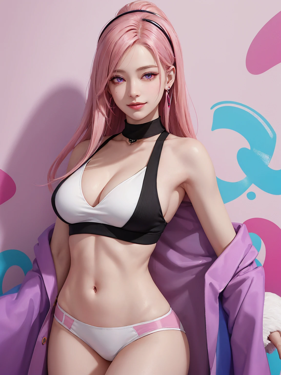 (Masterpiece, best quality, 1 girl, alone, complicated details, Chromatic aberration), realistic, ((Moderate breath)),long hair, pink hair, Red headpiece, Pink Highlights, hair on one eye,purple eyes, earring, sharp eyes, choker, Neon coat, She wears a collar, bangle, and kimono style garters., crop top, (symmetrical eyes),(Perfect symmetrical body),against the wall, Brick wall, (colorful graffiti words on the wall:1.2), The light is dim., alley ,Look at the viewer.、Dig the chest、smile、(sleeveless、Navel touch、Fitted turtleneck.)、street string hot pants、Thin bottom、Please build above the eaves..、Thin shoulders、in underwear、