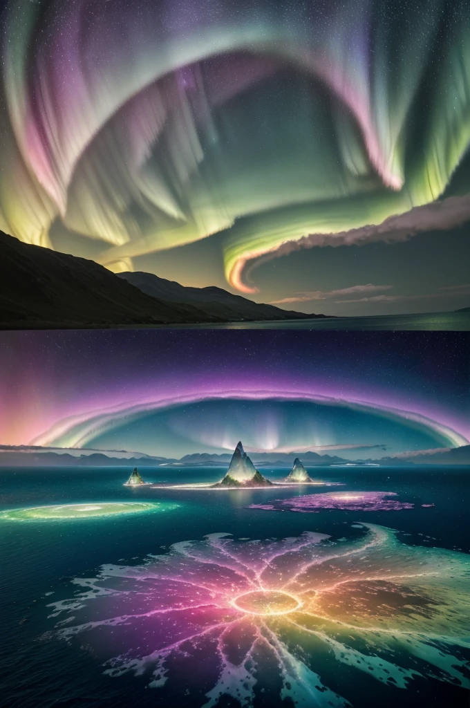 Imagine a world where the sky is a shifting palette of colors, transitioning from deep purples to vibrant greens, with swirling patterns like those seen in auroras. The landscape below is equally surreal, with floating islands made of translucent crystals that refract the light into dazzling rainbows. These islands hover over a sea of liquid silver, reflecting the colorful sky above.
