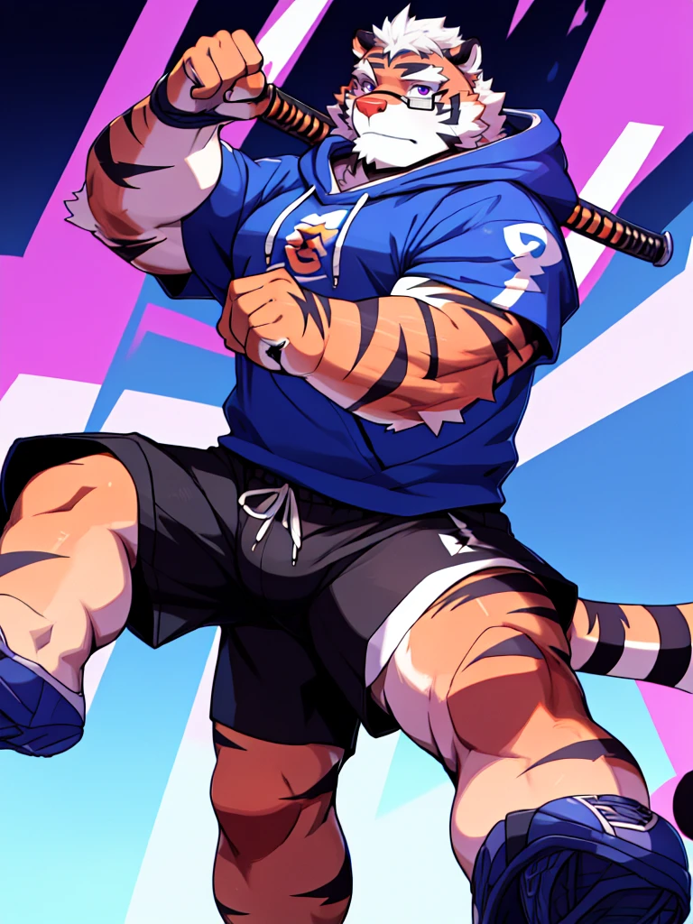 New Jersey 5 Hairy, masterpiece, high quality, anime, detailed eyes, male kosutora, anthro, tiger, Great physique, strong arms manly, (((orange tiger))), (((white hair))), goatee, white eyebrows, detailed purple eyes, tall, Joyful, (dark blue short hoodie), (((shorts cargo))), sport shoes, by zixiong, katana sword made from red gems, glasses, action pose,