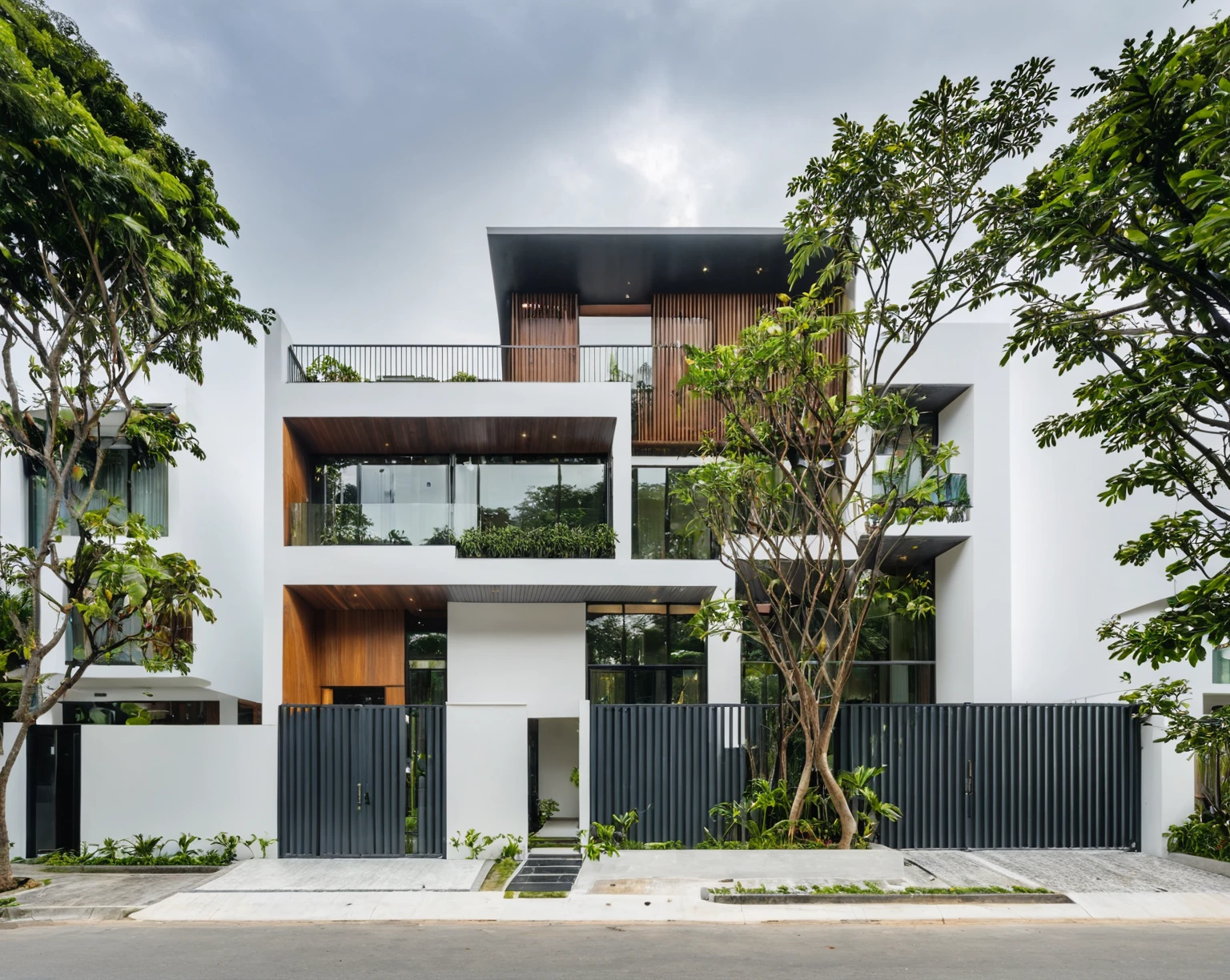 RAW photo, a photo of a modern villa, sidewalk, sidewalk trees, steel gate, road, viet nam modern residence, a car parked in front of it, rough white wall, new residential area, wide angle exterior 2022, contemporary house, exterior photography, masterpiece, contemporary architecture, overcast, indirect lighting