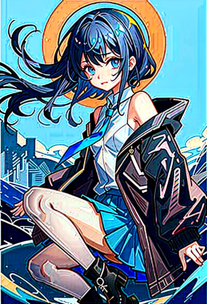 20 years old anime girl, with short dark blue hair to the shoulders, a serious yet tender expression, and bright light blue eyes. She dresses in an antique style, wearing a long dark blue skirt that reaches her knees, and small dark brown boots up to her ankles. Her white blouse is long-sleeved, covering her fingers slightly, and falls off one shoulder, leaving it exposed. She possesses water powers and has a water-themed background.