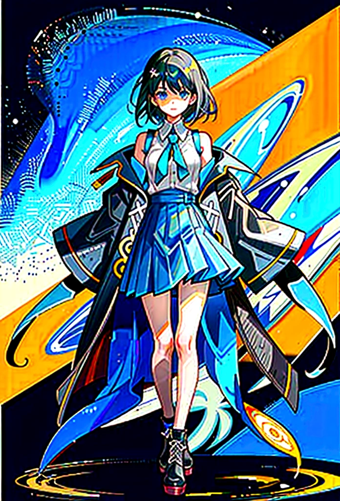 20 years old anime girl, with short dark blue hair to the shoulders, a serious yet tender expression, and bright light blue eyes. She dresses in an antique style, wearing a long dark blue skirt that reaches her knees, and small dark brown boots up to her ankles. Her white blouse is long-sleeved, covering her fingers slightly, and falls off one shoulder, leaving it exposed. She possesses water powers and has a water-themed background.