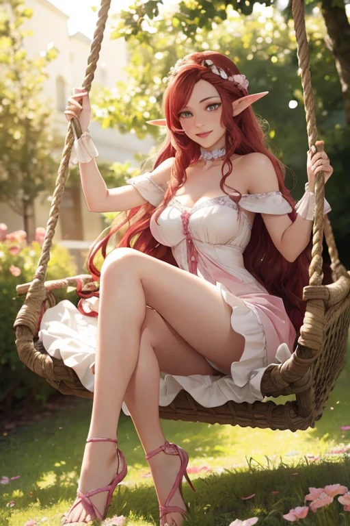 Little Elf Lola, curved, beautiful smile, Long red hair, loose, shiny and silky, ((full body)), sitting on a flower-braided swing, (best quality, 4K, 8k, high resolution, masterpiece: 1.2), ultra-detailed (realistic, photorealistic: 1.37), beautiful detailed eyes, beautiful detailed lips, extremely detailed eyes, extremely detailed eyes and face, long eyelashes, toony style, playful expression, curved silhouette, looking over the shoulder, pink and white color palette, soft lighting