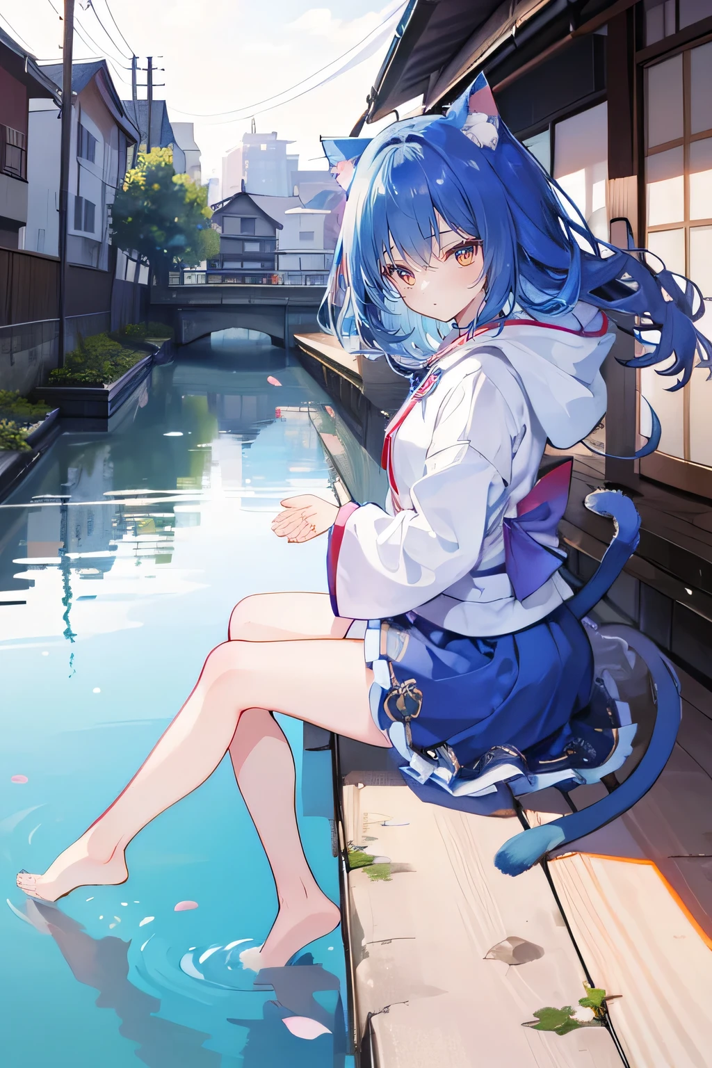 (masterpiece:1.2),Super detailed,lifelike,Expressive eyes,fair skin,perfect face shape,1 girl,
Japanese comics,Gorgeous blue hair,flowing blue hair,flowing clothes,Cat ears,Petals fall,beautiful lola,Baby Angel,
Shaking head with one hand,Cross your legs,Gentle and peaceful background,The pavilion is cool and comfortable,smile, wearing hoodie, background of tokyo,back views,snowing, winter,lie on the water.