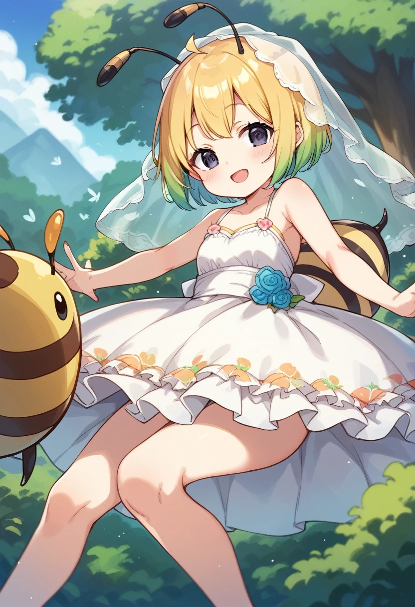 score_9, score_7_up, score_6_up, 1girl, source_cartoon, source_anime,breathtalking Scenery,watercolor,smooth soft skin, natural skin,rating_questionable
BREAK 
(hornet girl:1.3), bee girl,(little female child:1.4), (loli:1.4),6 yo, kawaii,baby face,small breast, cute face,oily skin,beautiful eyes, detailed eyes,happy,
BREAK 
(black bob cut:1.5),(yellow gradient hair:1.2),(yellow dip-dye hair:1.2),(black lob hair:1.2),ahoge,(nail_polish:1.1), black eyes,puffy eyes,
BREAK 
(bee antennae:1.3), (PVC material Extremely small bee wings:1.1), (invisible bee wings:1.1),
BREAK
(slender line wedding dress:1.3),(silk veil:1.3),high heel,silk cape,(blush:0.8),pierce,frill,layered dress,
BREAK 
open arms for viewer,In a secluded setting, reaching out,surrounded by a dense forest, the bog lay hidden like a secret gem, its misty surface whispering tales of ancient times,dynamicangle,