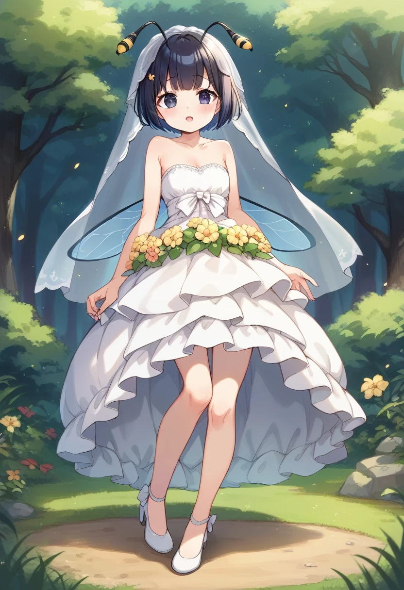 score_9, score_7_up, score_6_up, 1girl, source_cartoon, source_anime,breathtalking Scenery,watercolor,smooth soft skin, natural skin,
BREAK
(hornet girl:1.4), bee girl,(little female child:1.3), (loli:1.3),6 yo, smile,baby face,small breast, cute face,oily skin,(Phat ass:0.8)
BREAK
(black bob cut:1.5),(yellow gradient hair:1.2),(yellow dip-dye hair:1.1),(black lob hair:1.2),ahoge,(nail_polish:1.1), black eyes,
BREAK
(bee antennae:1.3), (PVC material Extremely small bee wings:1.2), (bee wings:1.1),symmetry bee wings,
BREAK
(empire-Line wedding dress:1.1),(silk veil:1.3),high heel,silk cape,(blush:0.8),pierce,
BREAK
In a secluded setting, surrounded by a dense forest, the bog lay hidden like a secret gem, its misty surface whispering tales of ancient times,dynamicangle,dynamicpose,