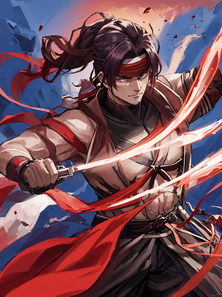 "Create a highly detailed digital painting of Kenshi from Mortal Kombat. Kenshi is standing in a dynamic fighting pose, his red headband flowing in the wind. His iconic katana is unsheathed and glowing with a mystical blue energy. The background is a dark, mystical forest with fog and eerie blue lights illuminating the scene. Kenshi's blindfolded eyes and determined expression should reflect his intense focus and warrior spirit."