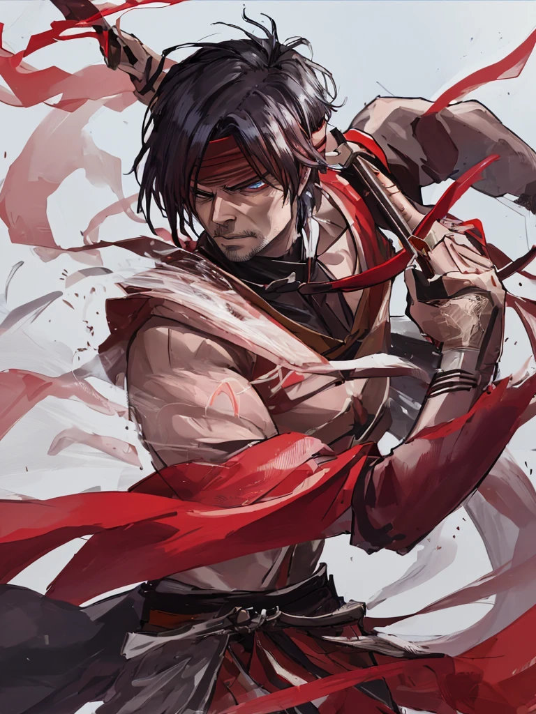 "Create a highly detailed digital painting of Kenshi from Mortal Kombat. Kenshi is standing in a dynamic fighting pose, his red headband flowing in the wind. His iconic katana is unsheathed and glowing with a mystical blue energy. The background is a dark, mystical forest with fog and eerie blue lights illuminating the scene. Kenshi's blindfolded eyes and determined expression should reflect his intense focus and warrior spirit."