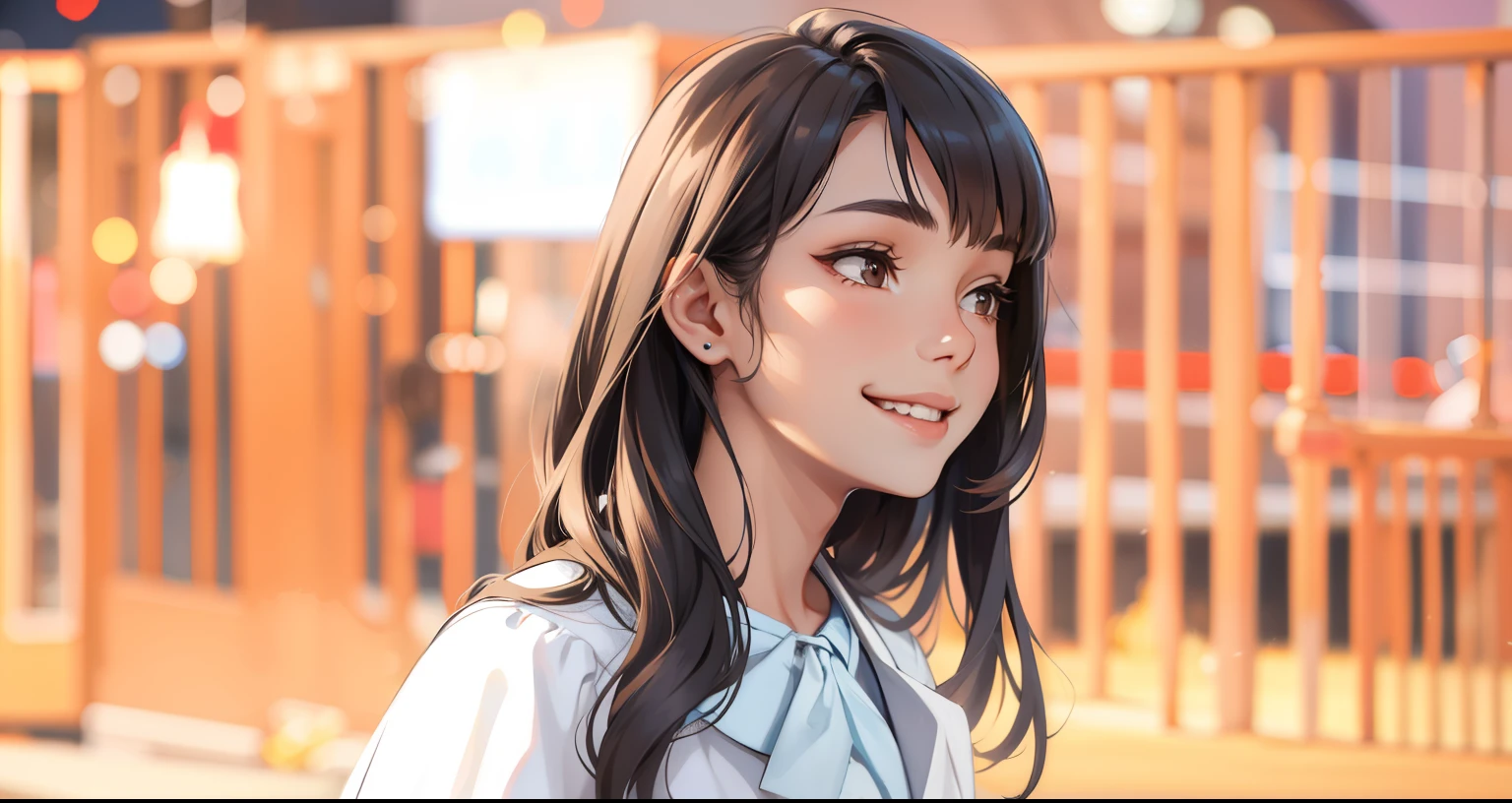 cute dark hair woman is talking and smiling going to a party