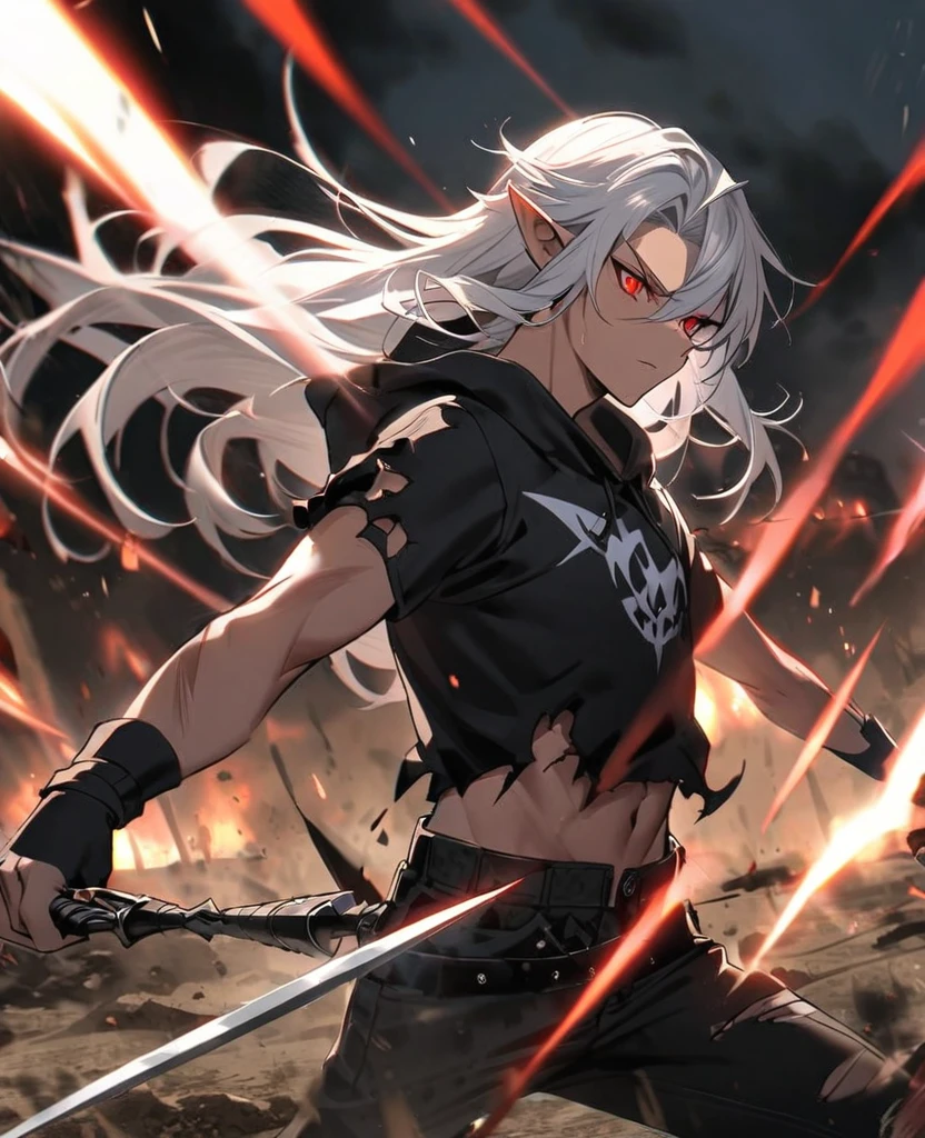 Male,5'4,pierced pointy ears,light skin,one orange eye one blue eyes, white long hair with red tips half up half down,black albow length fingerless gloves,ripped red short sleeve cropped hoodie,black tight shirt,ripped black jeans,darkness in his eyes,dark magic,on a battle field
