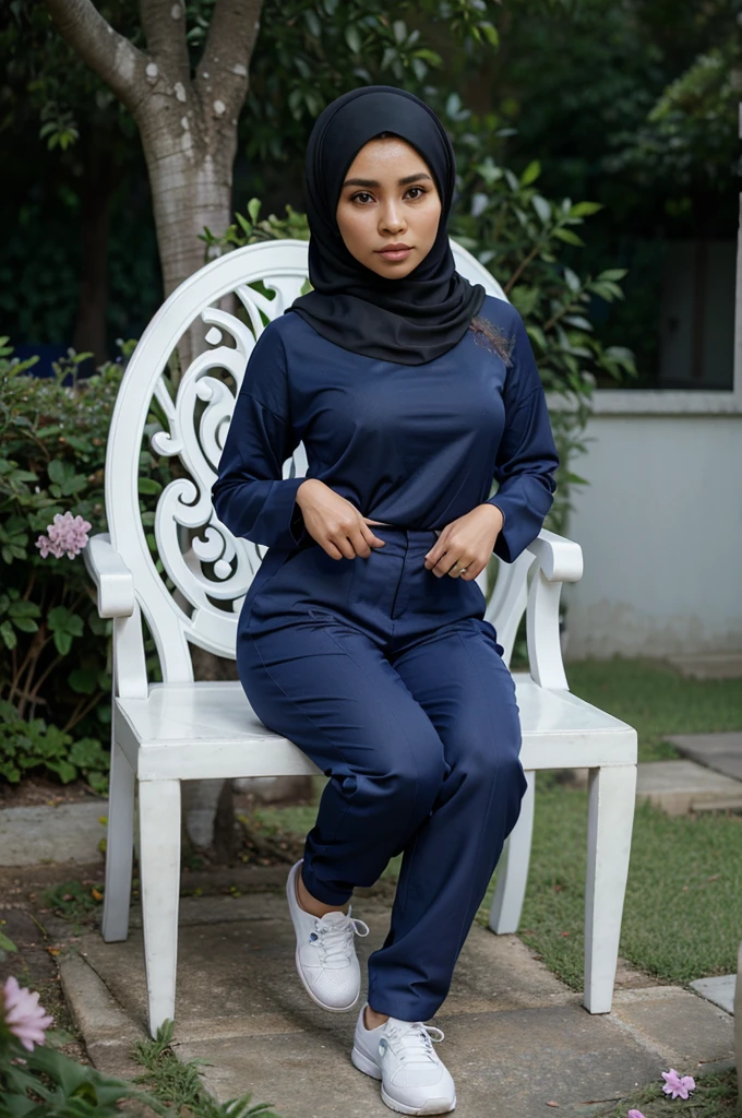 Caricature 3D Realist, caricature big head of a 25 year old Indonesian woman fullbody, wearing a dark blue hijab, wearing Muslim clothes, trousers, wearing white sports shoes, sitting on a chair,shot angle, beautiful butterflies flowers background, HD quality