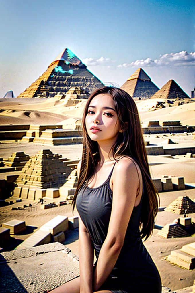 girl with long brown hair, Egyptian pyramids on the background