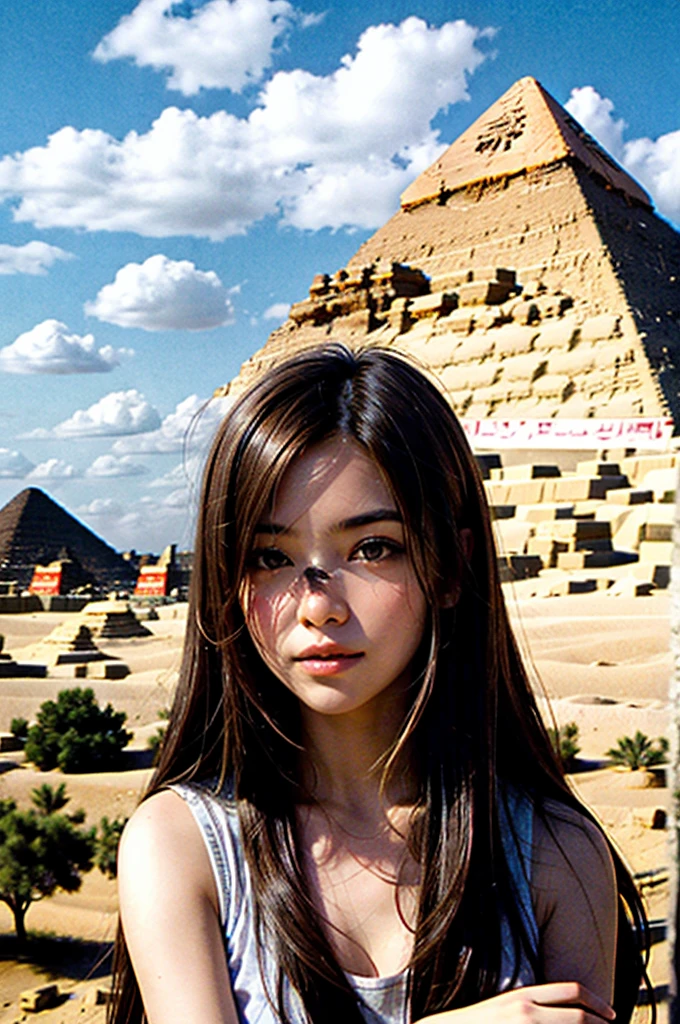 girl with long brown hair, Egyptian pyramids on the background