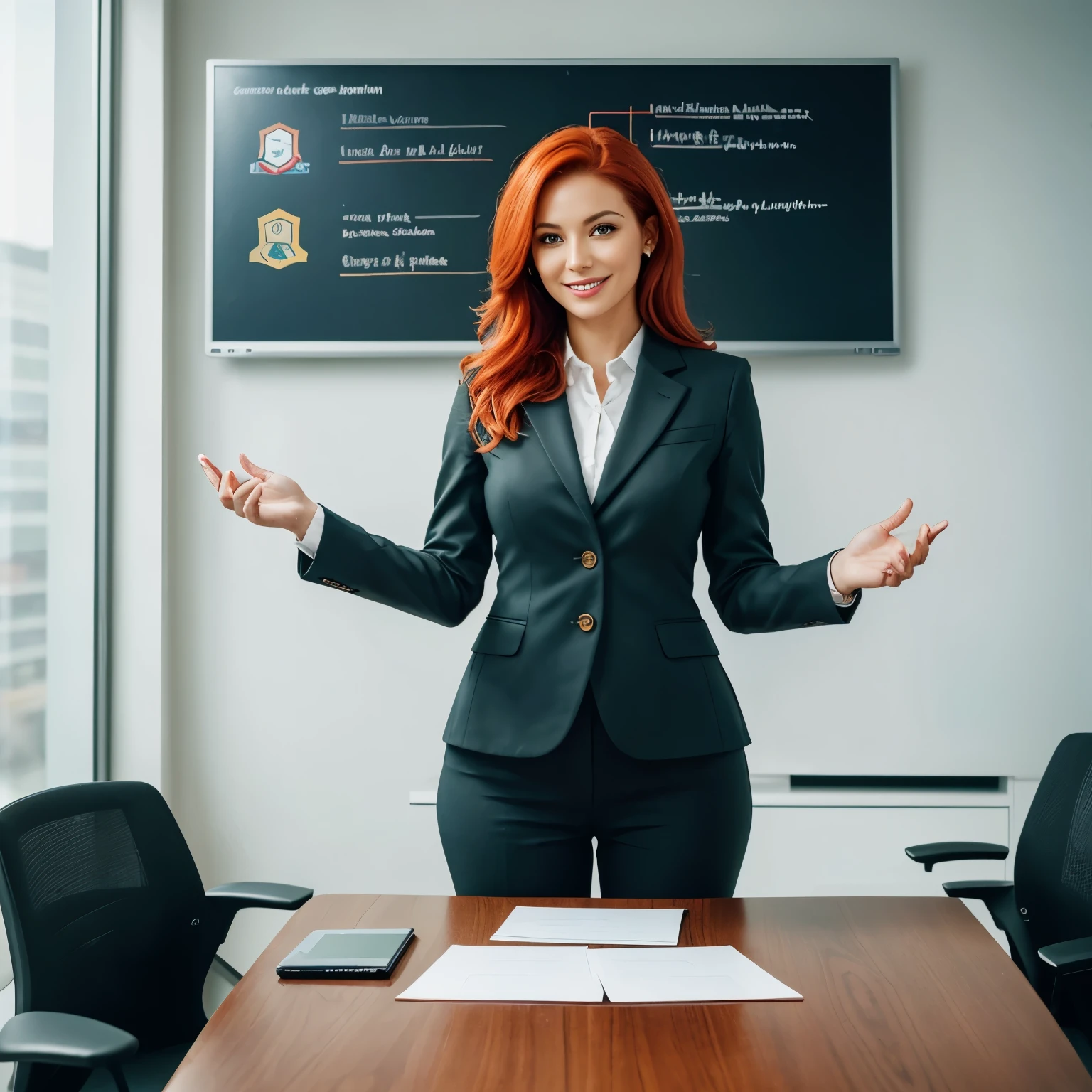Create an image of a woman representing the "Inspirational Visionary", CEO of Chart UP!. The specifications that the image must include are: Physical Characteristics: Tall woman, 38 years old, European standard, with an imposing stature. Vibrant orange red hair, light brown eyes, symbolizing passion and energy. Slightly overweight body, reflecting a practical and accessible approach. Setting: It should be in a modern corporate environment, perhaps a conference room or a high-tech office, providing innovation and industry leadership.
Technological and avant-garde design elements in the background. Attire: Professional and elegant clothing that reflects your position of authority and strategic vision. Colors that convey confidence and creativity, such as dark blue, moss green, gold details, white or touches of red that complement your red hair. Expression and Posture: A confident and imposing posture, with a determined look and clear vision. An inspiring smile that suggests empowerment and accessibility. Symbolic Attributes: Elements that symbolize innovation and creativity, a state-of-the-art laptop, or a whiteboard with brainstorming sessions. It also includes symbols of leadership, such as a meeting table with other professionals looking at it with admiration and attention. Inspiration Keywords: Visionary, Inspiring, Creative, Smart,
Strategic, Innovation, Authority, Empowerment, Authenticity. Be sure to convey the idea that this woman is an innovative and inspiring leader, who guides her team with a clear and powerful vision, and is always ahead of market trends.