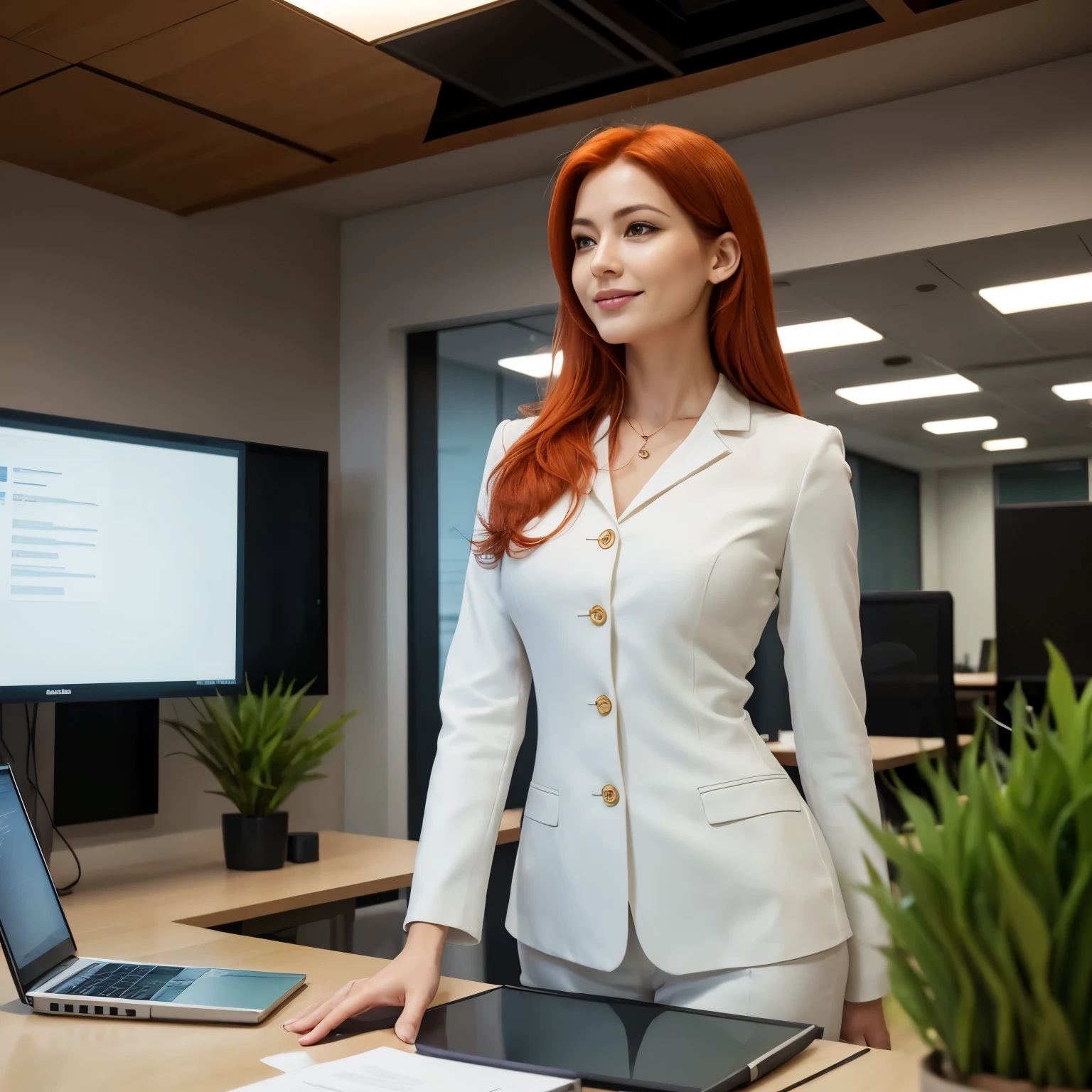 Create an image of a woman representing the "Inspirational Visionary", CEO of Chart UP!. The specifications that the image must include are: Physical Characteristics: Tall woman, 38 years old, European standard, with an imposing stature. Vibrant orange red hair, light brown eyes, symbolizing passion and energy. Slightly overweight body, reflecting a practical and accessible approach. Setting: It should be in a modern corporate environment, perhaps a conference room or a high-tech office, providing innovation and industry leadership.
Technological and avant-garde design elements in the background. Attire: Professional and elegant clothing that reflects your position of authority and strategic vision. Colors that convey confidence and creativity, such as dark blue, moss green, gold details, white or touches of red that complement your red hair. Expression and Posture: A confident and imposing posture, with a determined look and clear vision. An inspiring smile that suggests empowerment and accessibility. Symbolic Attributes: Elements that symbolize innovation and creativity, a state-of-the-art laptop, or a whiteboard with brainstorming sessions. It also includes symbols of leadership, such as a meeting table with other professionals looking at it with admiration and attention. Inspiration Keywords: Visionary, Inspiring, Creative, Smart, 
Strategic, Innovation, Authority, Empowerment, Authenticity. Be sure to convey the idea that this woman is an innovative and inspiring leader, who guides her team with a clear and powerful vision, and is always ahead of market trends.