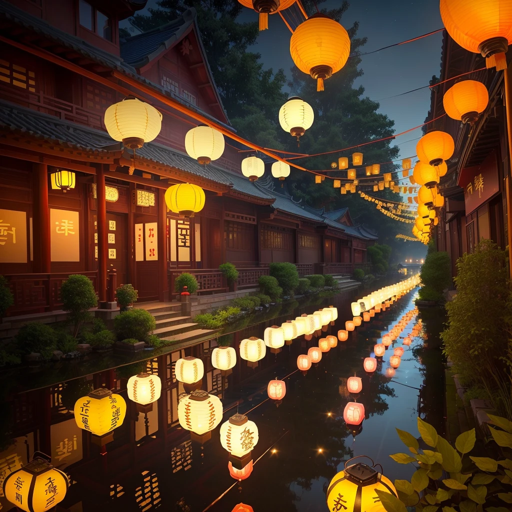 several lit up Lantern are floating in a pond at night, floating Lantern, glowing Lantern, evening Lantern, Lantern, Floating light, Floating Chinese caricatures, glowing paper Lantern, with paper Lantern, street Lantern glow, yellow Lantern, Warm lantern lighting, chinese Lantern, street Lantern are shining, tea drinking and paper Lantern, colorful Lantern, colorful paper Lantern