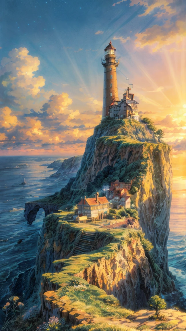 Long view, Wide view, a painting of a lighthouse on a cliff overlooking the ocean, studio ghibli sunlight, beautiful anime scenery, anime beautiful peace scene, light house, beautiful anime scene, studio ghibli landscape, lighthouse, detailed scenery, cliffside town, incredible miyazaki, 4k matte thomas kinkade, anime landscape wallpaper, anime nature wallpapaper, amazing wallpaper, brilliant sunset, extremely majestic scenery, 8k
