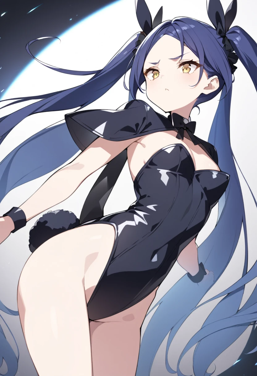 (One very tall woman,Navy Blue Hair,Her hairstyle is twin tails that expose her forehead.,Medium chest,yellow eyes,Dynamic Angle)All-black bunny outfit,Hall々A serious expression