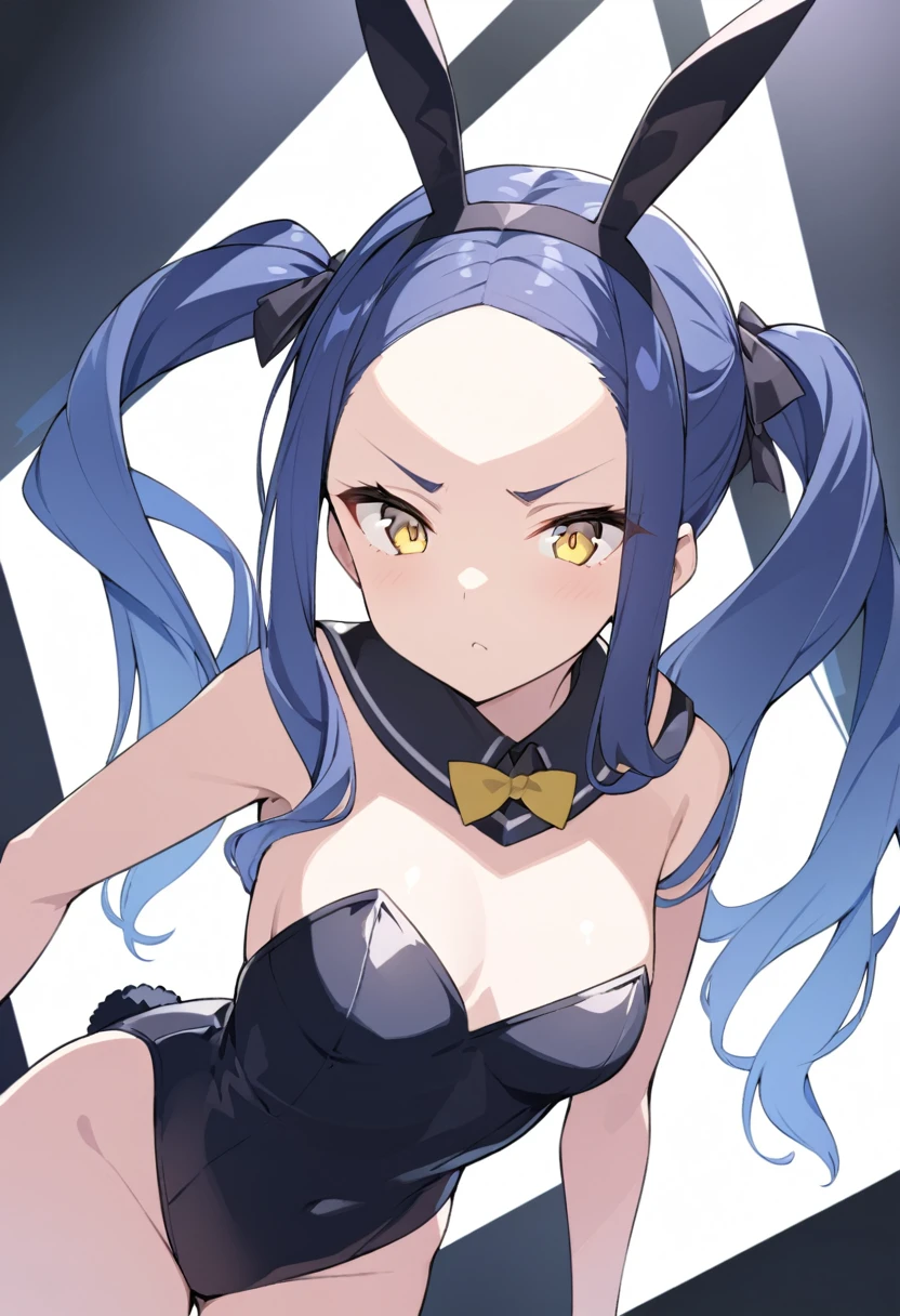 (One very tall woman,Navy Blue Hair,Her hairstyle is twin tails that expose her forehead.,Medium chest,yellow eyes,Dynamic Angle)All-black bunny outfit,Hall々A serious expression
